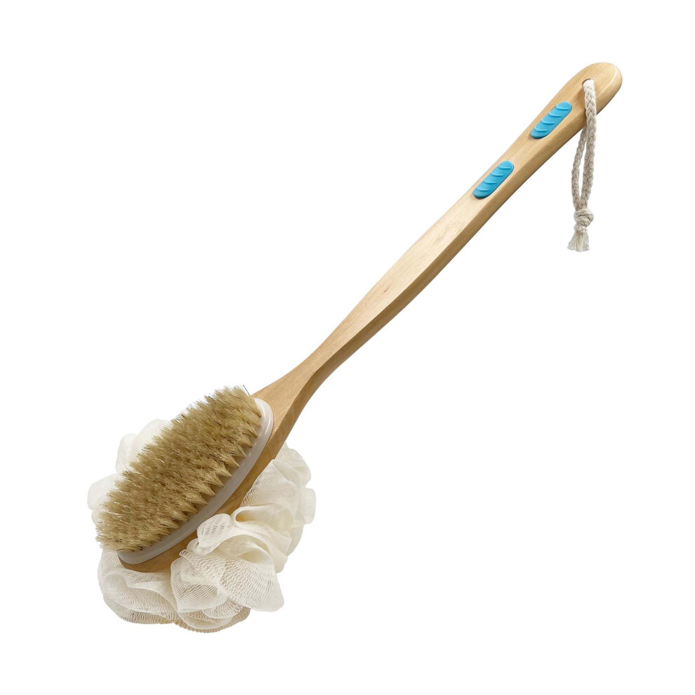 Hanstock Back Scrubber 43Cm Long Wooden Handle, Double-Sided Shower Brush With Stiff Bristles And Loofah Exfoliates And Massages Skin, Ideal For Men And Women