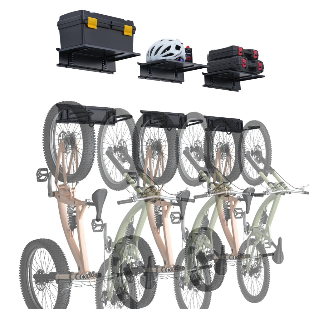 Bike Storage Rack, 6 Bike Racks and 3 Helmets Hooks, Wall Mount Bike Storage Hanger with 3 Shelves, Home & Garage Organizer, Customizable for Various