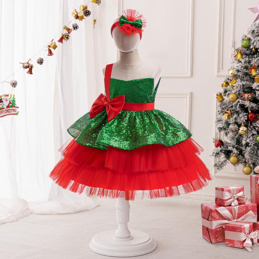 (130 cm (6Y)) Red And Green Sequined Mesh Christmas Princess Dress For Girls