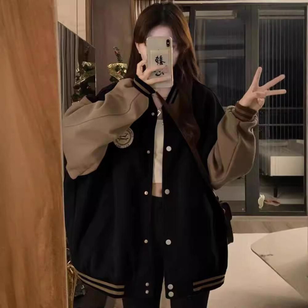 (black, M) "women's Vintage Embroidered Plush Baseball Jacket - New Winter Style