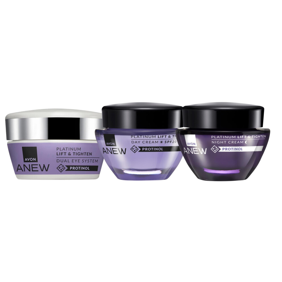 Anew Platinum Set, Day Cream 50ml + Night Cream 50ml + Eye Cream 20ml, Pack of 3, To Lift and Tighten Skin, Ultimate Skincare Trio for Age 50+,