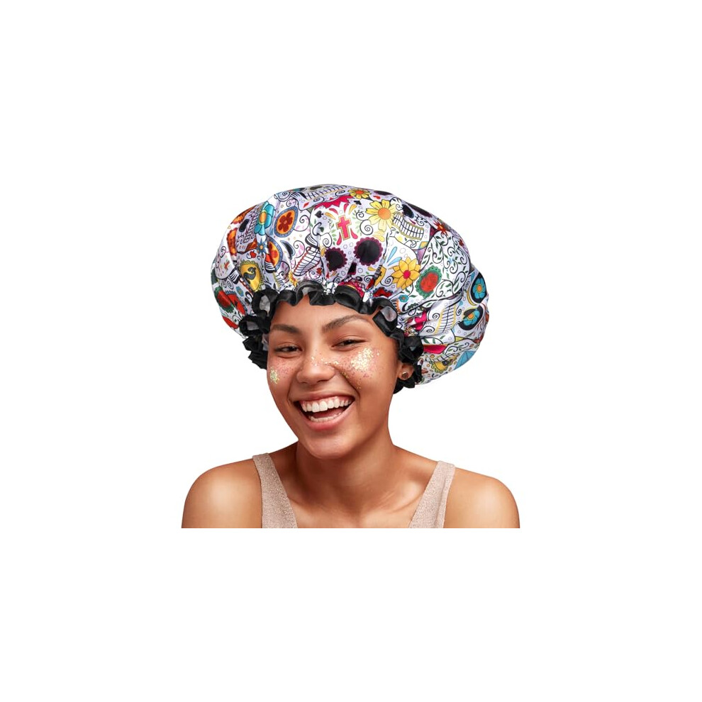 Mikimini Shower Cap For Women, Reusable Shower Cap Waterproof For Thick Hair, Shower Hat With Stylish Vibrant Design, Double Layer Bath Cap For Ladies And
