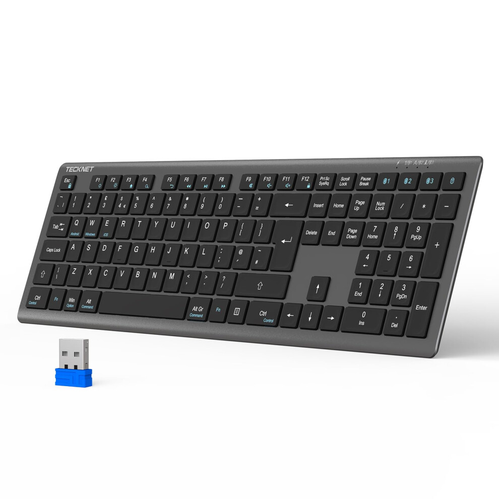 Tecknet Wireless Keyboard, Rechargeable 2.4Ghz Usb Bluetooth Keyboard For 4 Multi Devices, Ultra Slim Full Size Uk Layout Keyboards For Computer, Laptop,