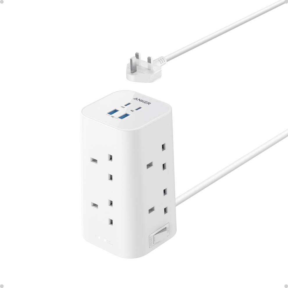 Tower Extension Lead with USB Slots, 12-in-1 Surge Protector Plug Extension Socket with Switch (13A, 2990W), 20W USB C Fast Charging Power Strip, 8 AC