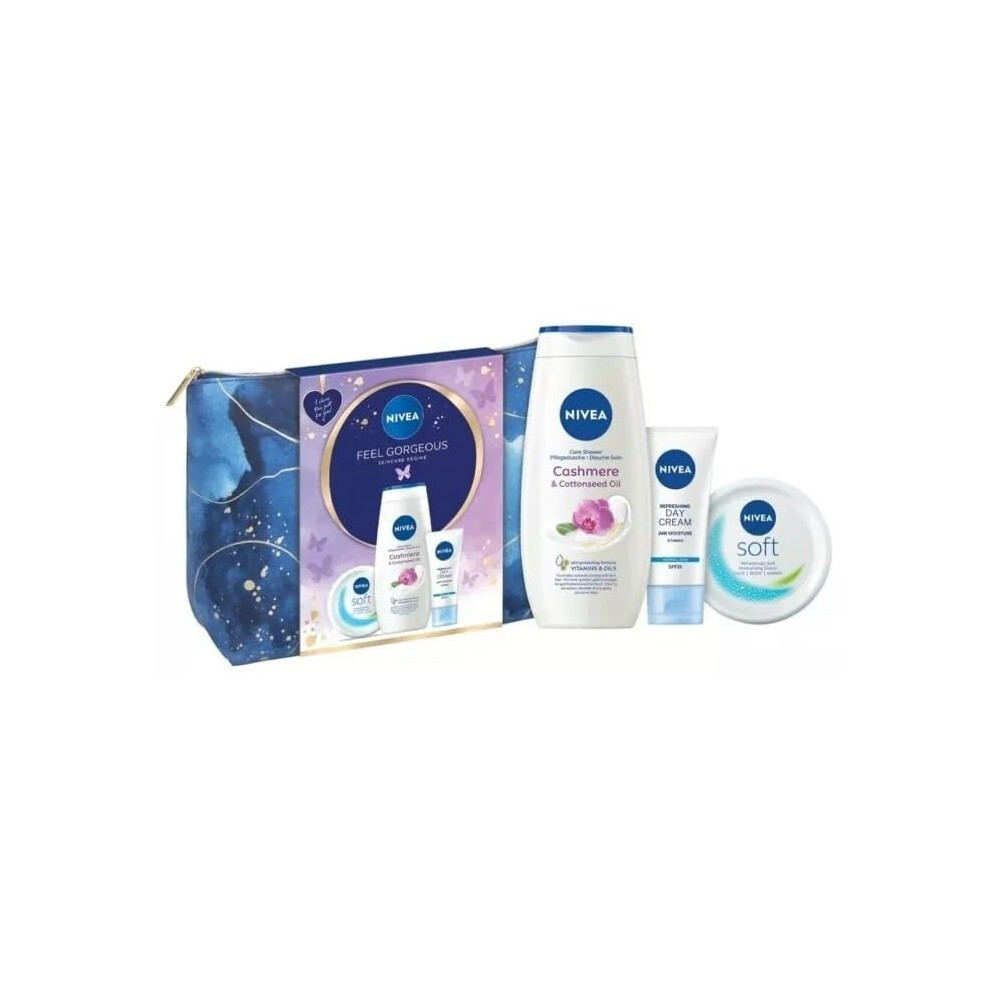 Feel Gorgeous Cosmetic Skincare 4PC Gift Set Bag (Cashmere & Cottonseed Oil Shower Cream 250ml, Nivea Refreshing 24H Moisture Day Cream SPF 15 50ml,
