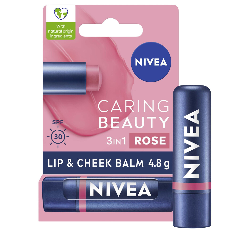 Caring Beauty Rose Nude Lip Balm SPF30 (4.8g), 3-in-1 Buttery Lip and Cheek Tint, Rich Colour and 24H Moisturisation with SPF 30 Protection