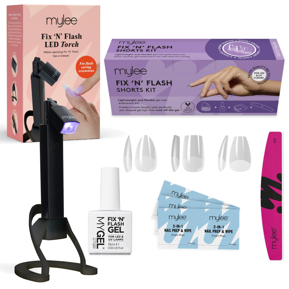 Fix N Flash Soft Gel Tips Kit with LED Torch - 3 shapes, 216pcs, Portable Gel Polish Lamp, USB Rechargeable, Movable Head, Gel, Prep Wipes & Half-moon