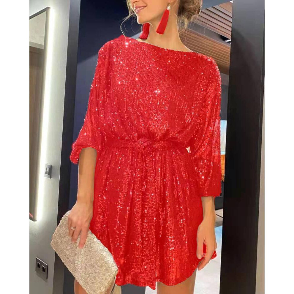 (red, Medium) 2025 European & American Sequin Beaded Holiday Dress