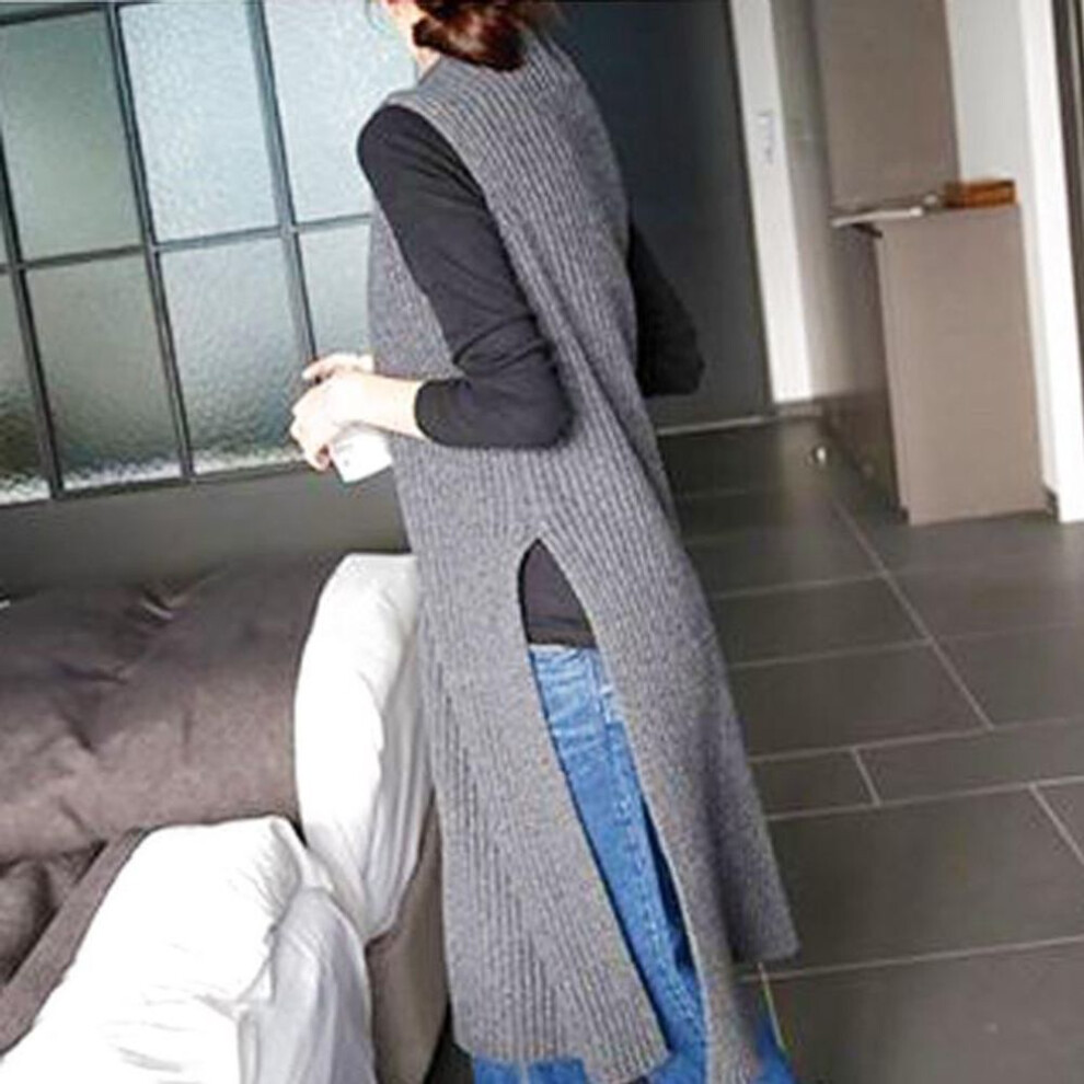 (gray, One Size) Women's Early Autumn Mid-length Split Vest Dress Sweater With Half-high Collar