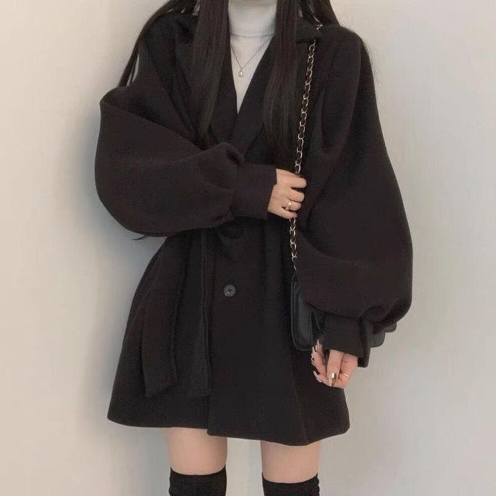 (black, XL) 2024 Korean Chic Retro Nizi Woolen Trench Coat - Women's Autumn/Winter Collection