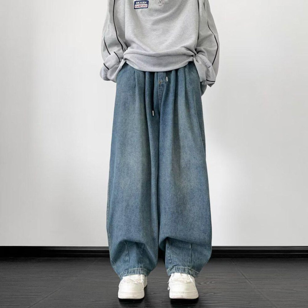 (blue, S) Men's American Retro Drawstring Jeans: Trendy, Loose-Fit, Wide-Leg, Elastic Waist, High-Street Casual Pants