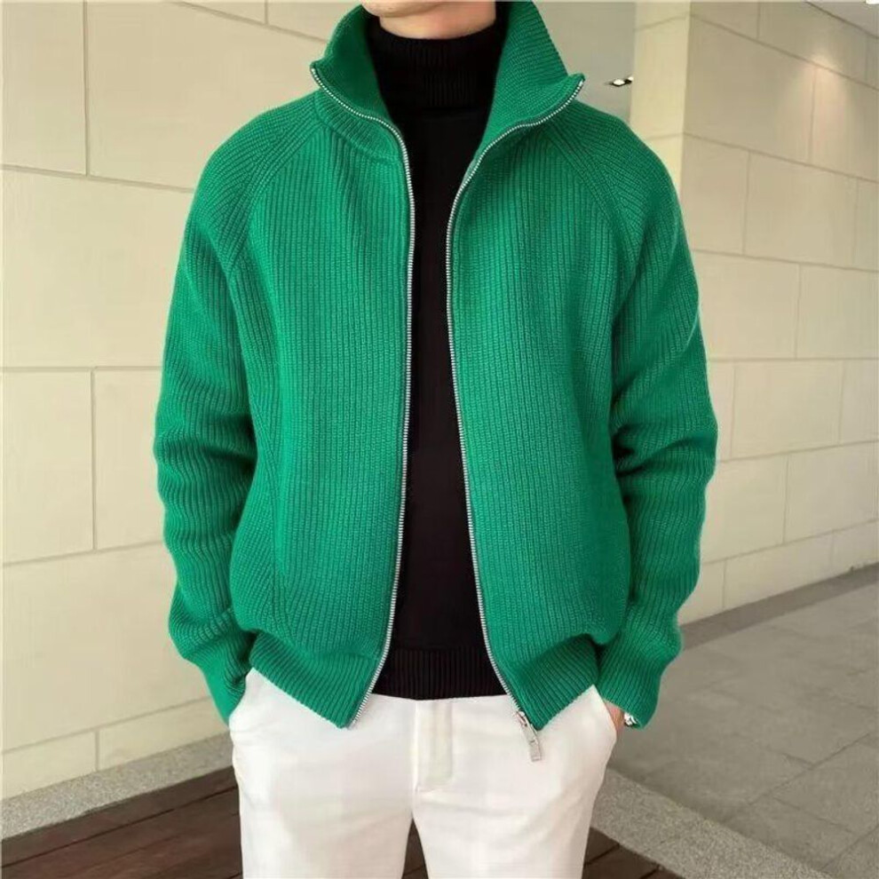 (green, L) Men's Green Stand Collar Cardigan Sweater - European and American Style Winter Half Turtleneck