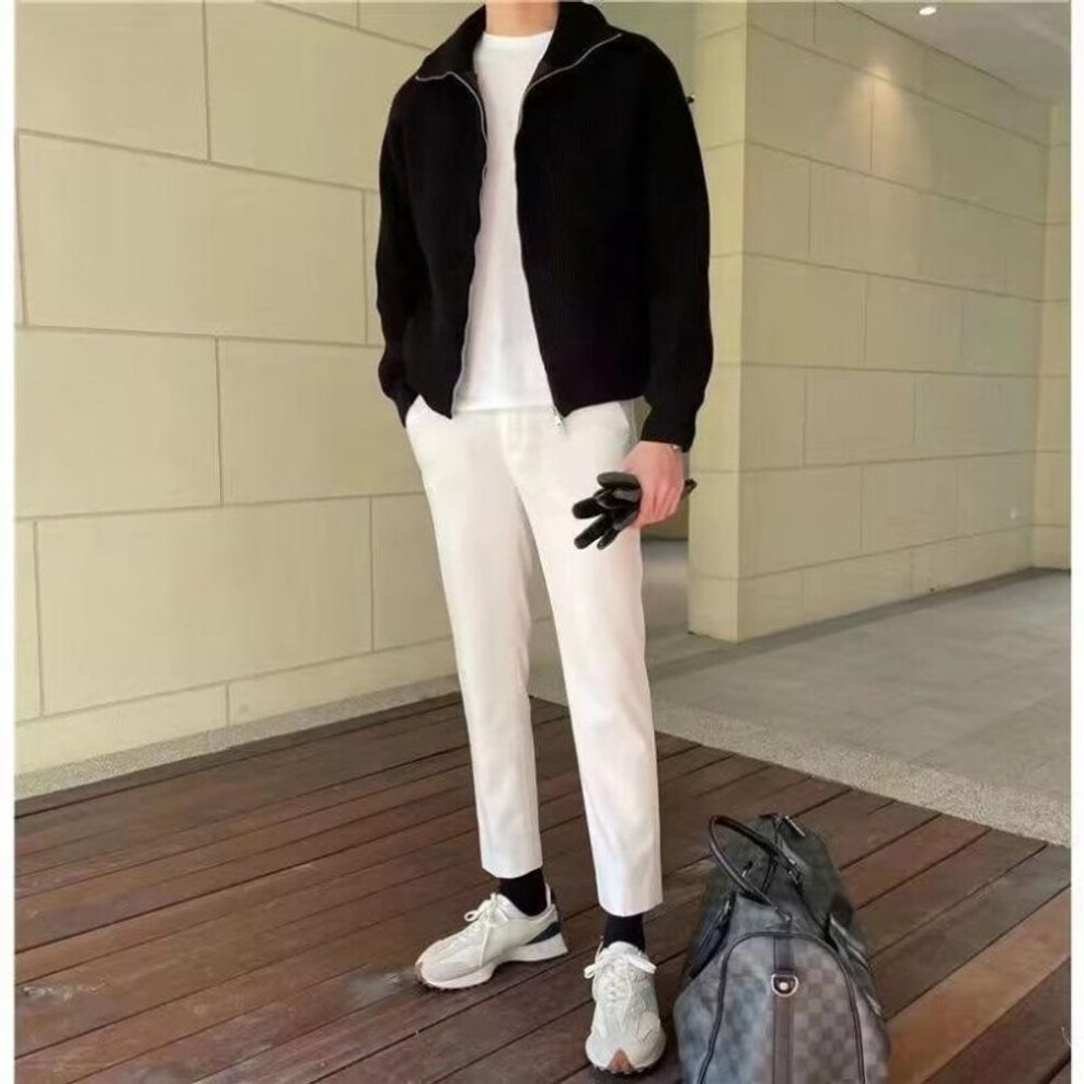 (black, M) Men's Green Stand Collar Cardigan Sweater - European and American Style Winter Half Turtleneck