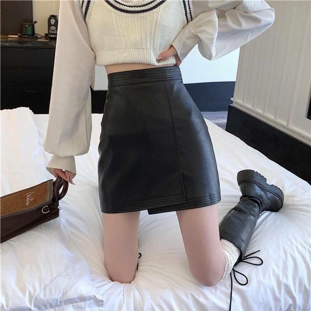 (black, XS) "Women's Plus Size Irregular PU Leather Skirt - Autumn Sexy Hip Skirt with Anti-Exposure Design