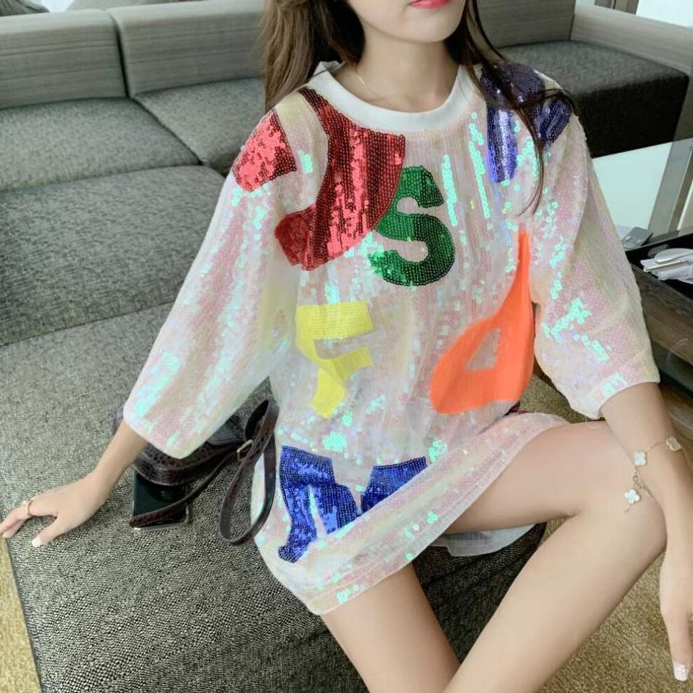 (white, One size) "Korean Loose Fit Sequined Letter Tee - Women's Half-Sleeve Summer 2024