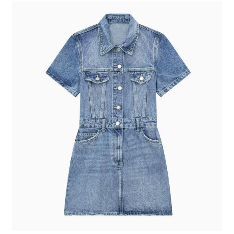 (blue, M) 2024 Women's European & American Style High-Waist Polo Neck Retro Denim Dress