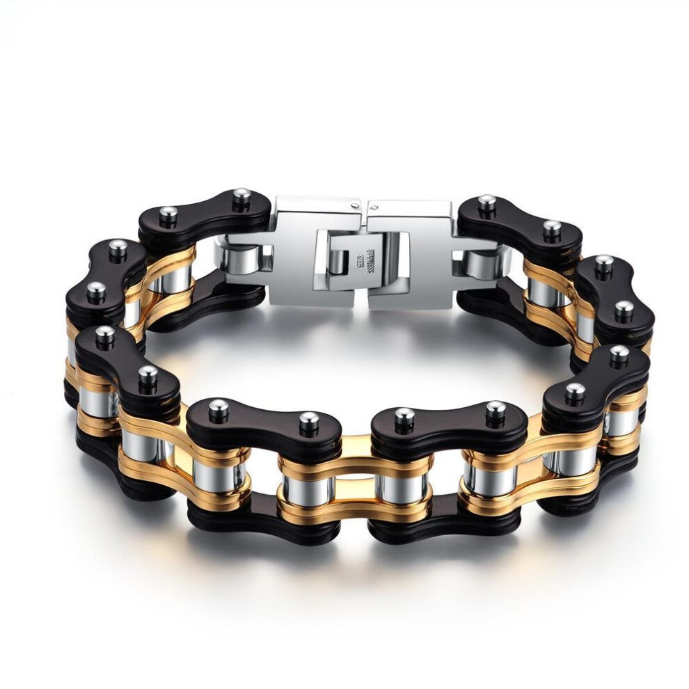 (black,gold, 19 cm) "Men's Black Gold Stainless Steel Motorcycle Chain Bracelet - Personalized and Versatile Jewelry
