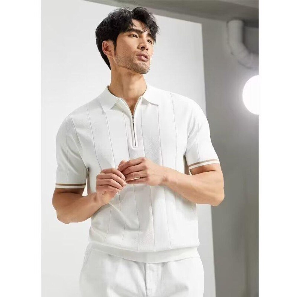 (white, Extra Large) "Ice Silk Knitted Men's Polo Shirt - 2024 Summer Collection, Light Luxury, Trendy Short-Sleeved with Half Zipper
