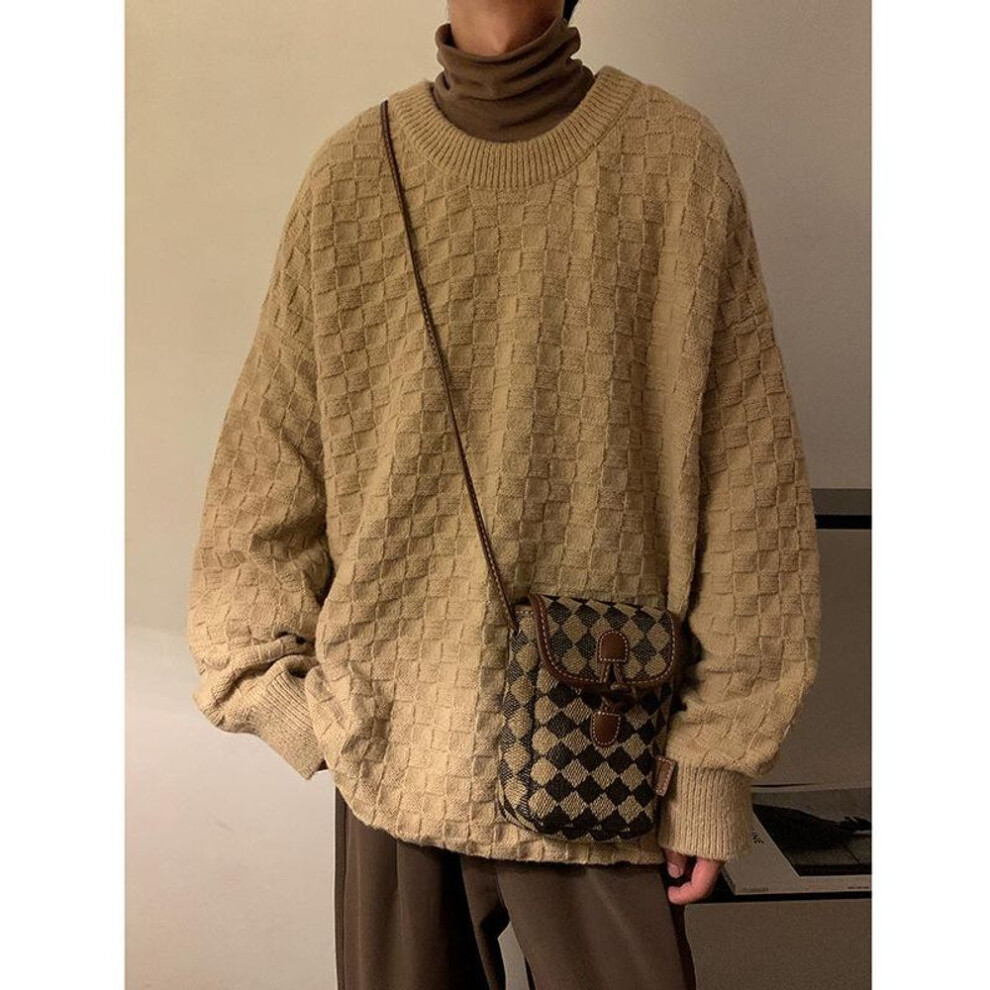 (apricot, XL) Men's Plus Size Checkered Knit Sweater - Thick Round Neck for Autumn & Winter