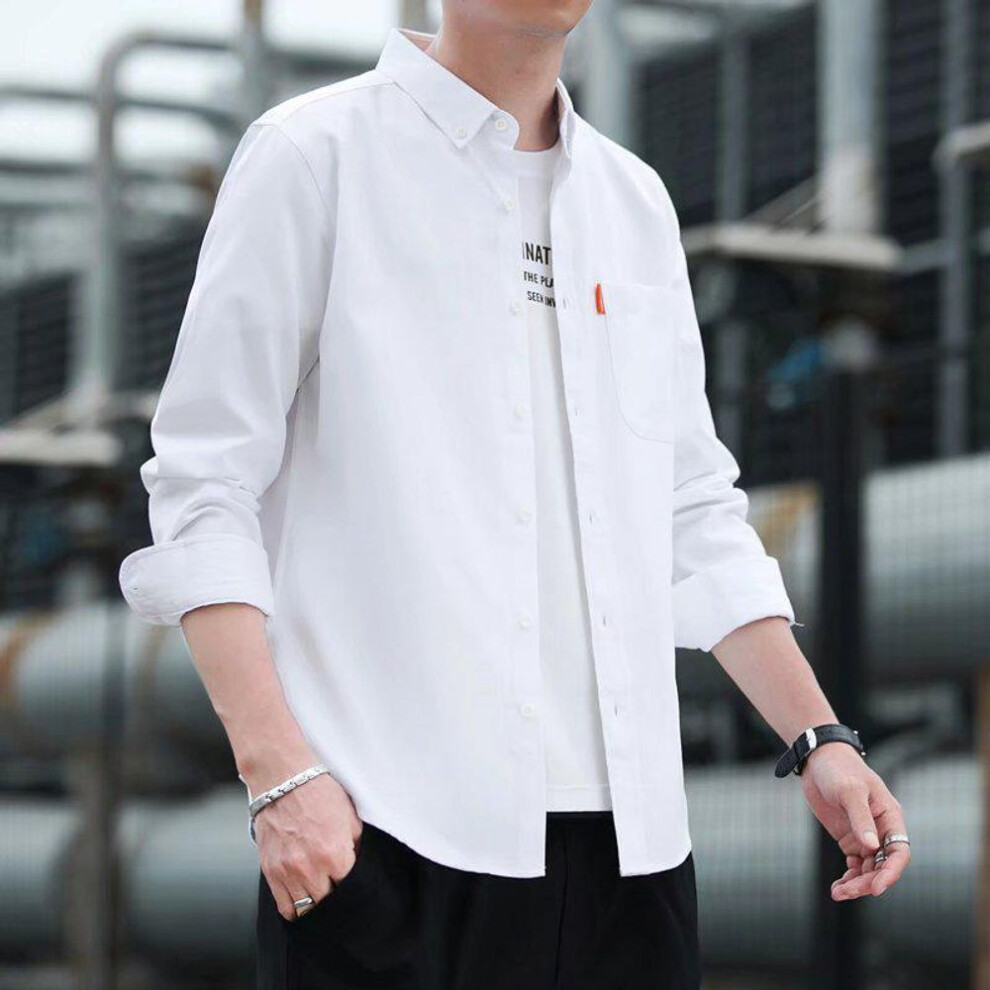 (white, 5XL) "2022 Men's Non-Iron Retro Solid Color Slim Long Sleeve Business Casual Shirt