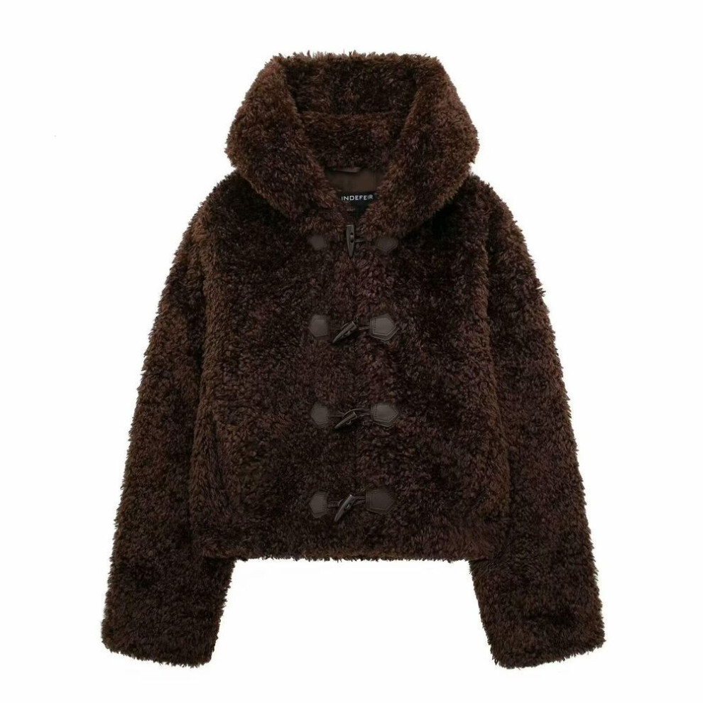 (dark brown, M) Women's European & American Style Hooded Teddy Cashmere Jacket With Horn Button - Winter Collection