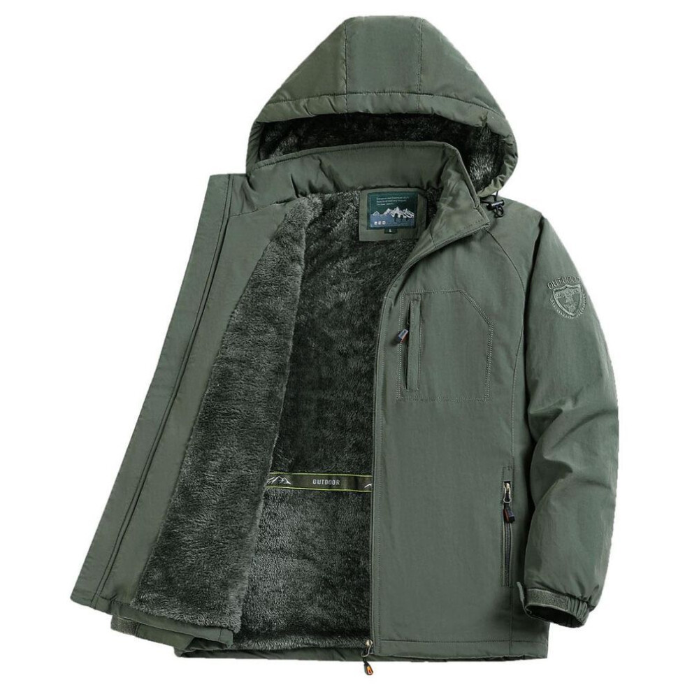 (army green, XL) Men's Large Size Waterproof Winter Travel Jacket - Thick, Breathable, Medium-Long, Outdoor, Plus Velvet