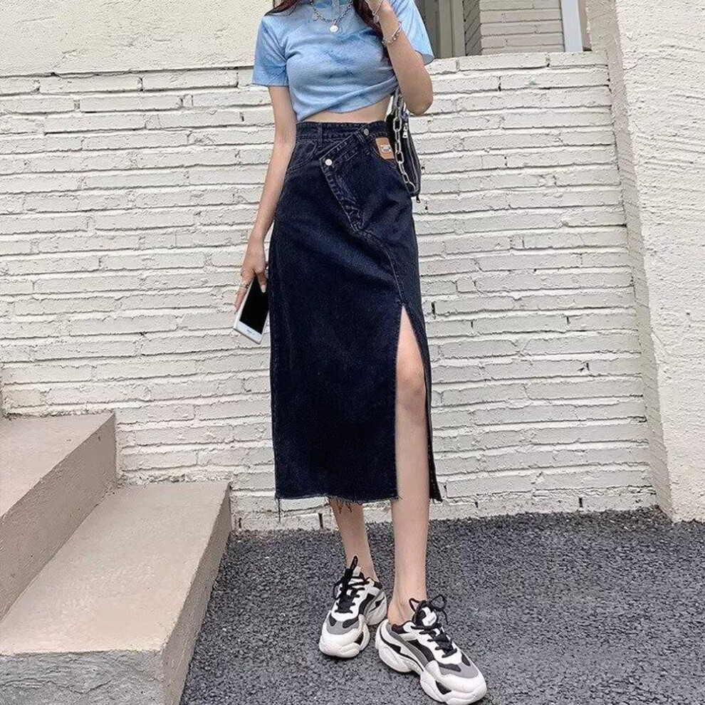 (black, L) "women's High-waist Denim A-line Skirt With Side Slit - Summer 2023 Design