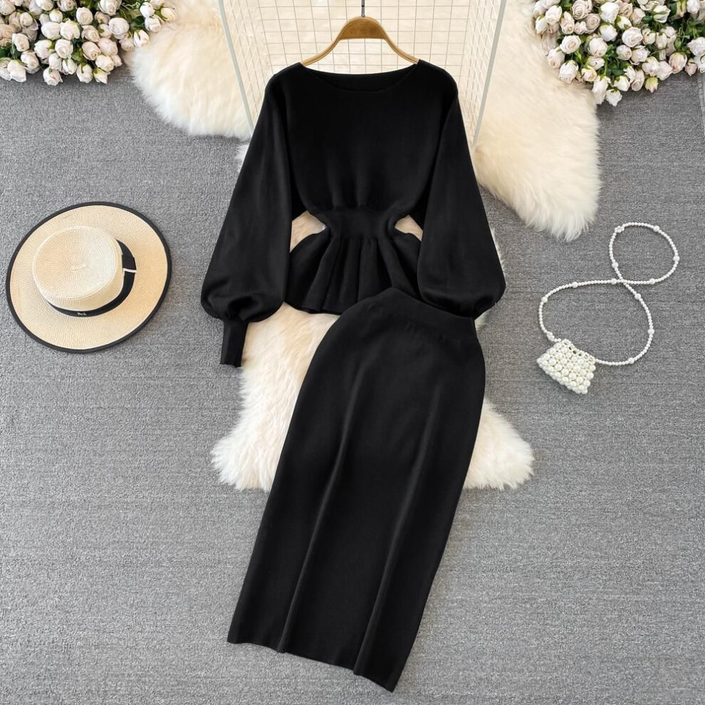 (black, One Size) "women's Retro Round Neck Knitted Two-piece: Slimming Waist Top & High Waist Hip Skirt For Autumn/winter