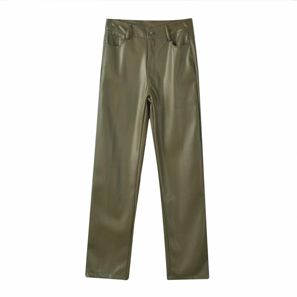 (army green, XL) "european & American Style Women's Faux Leather Pants - Plus Velvet, Straight Casual Fit For Autumn/winter