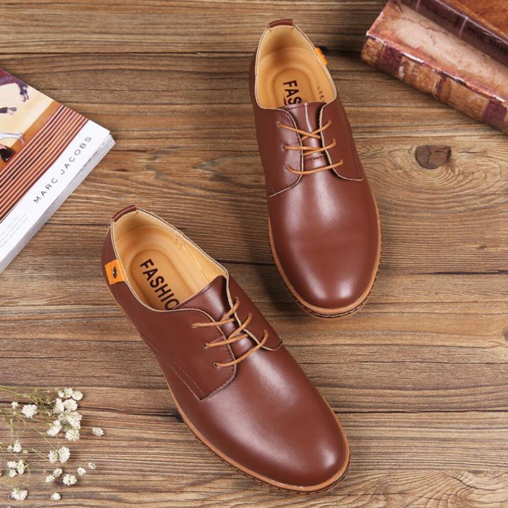 (brown, 47) Men's Large Size Korean Style Leather Sneakers - Lace-up Casual Trendy Shoes.
