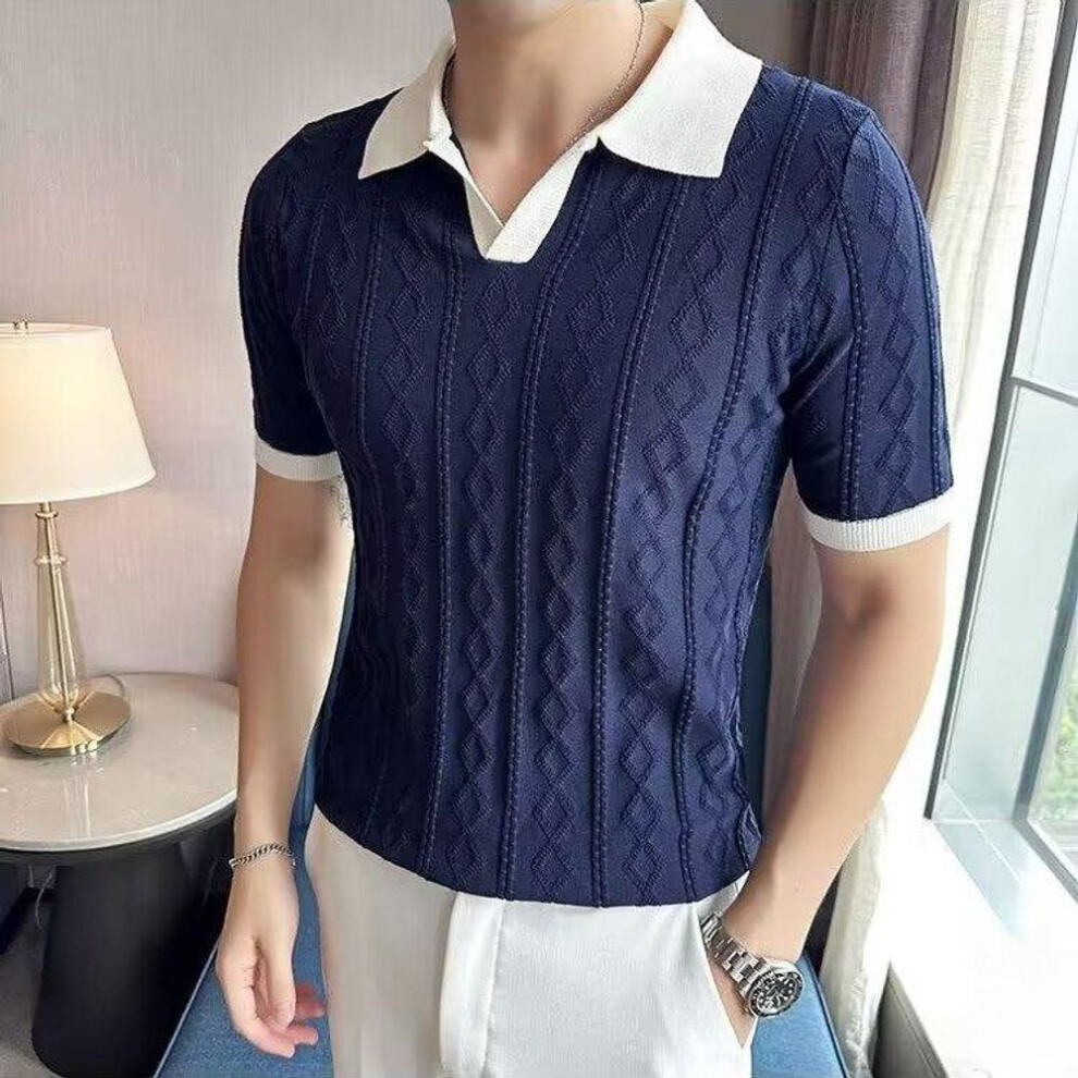 (navy blue, L) Men's Slim Fit Korean-Style Short-Sleeve Polo Shirt