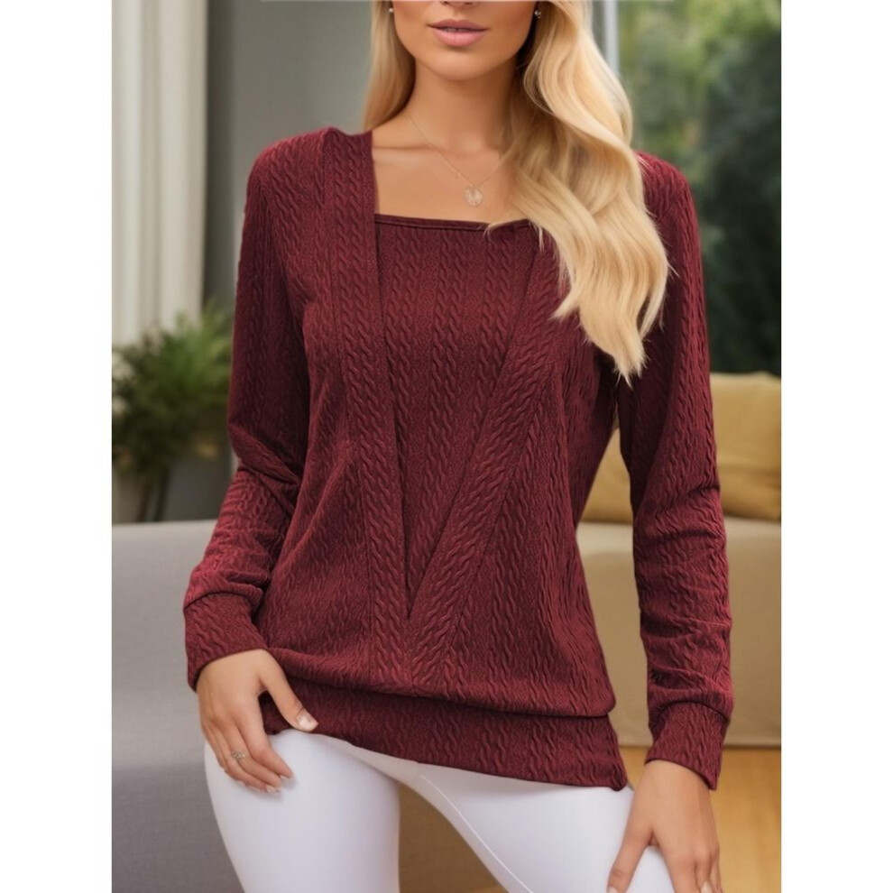 (wine red, XXL) Women's Solid Color Square Collar Loose Long-Sleeve T-Shirt for Spring & Autumn