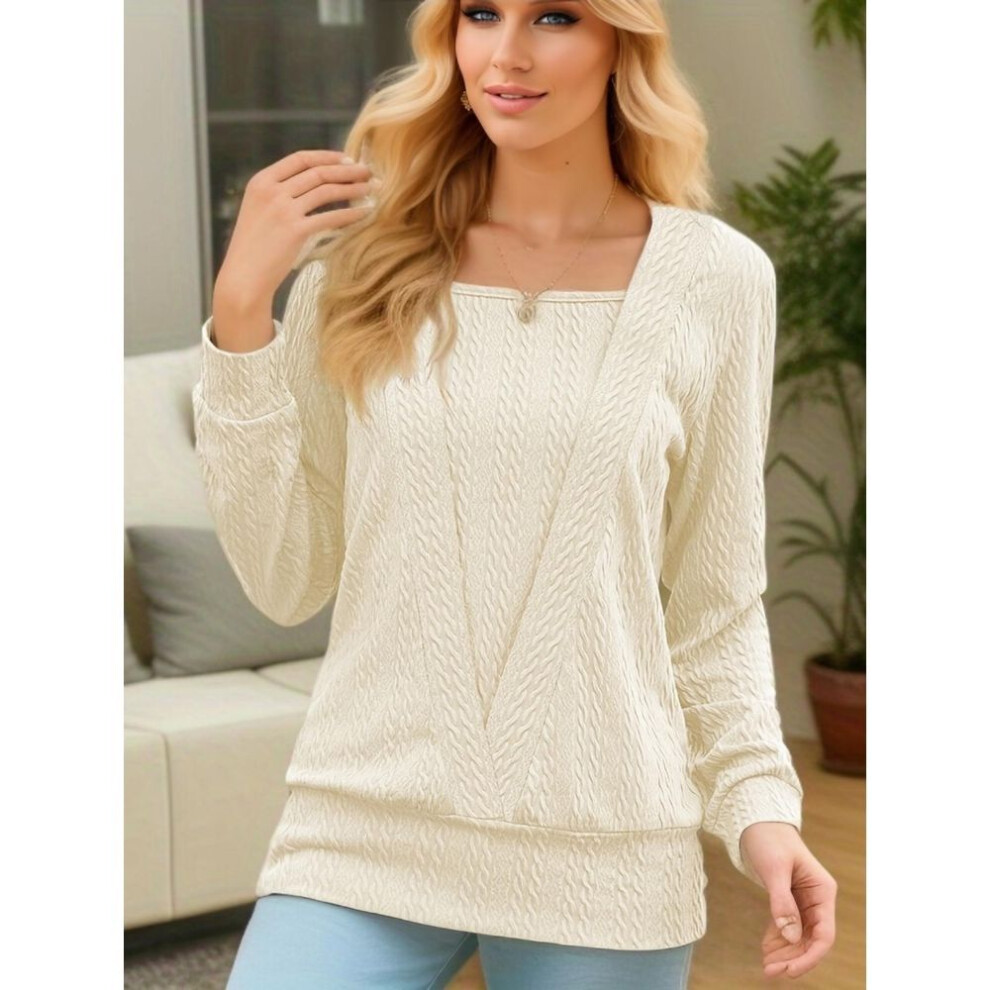 (apricot, L) Women's Solid Color Square Collar Loose Long-Sleeve T-Shirt for Spring & Autumn