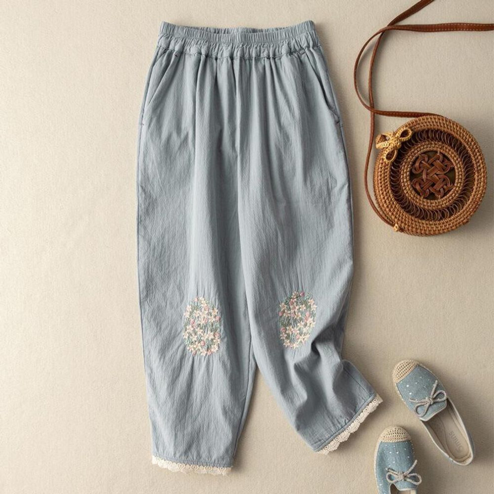 (blue, XXXL) Women's Artistic Lace Cotton-linen Embroidered Harem Pants - Summer Loose Nine-point Casual Trousers