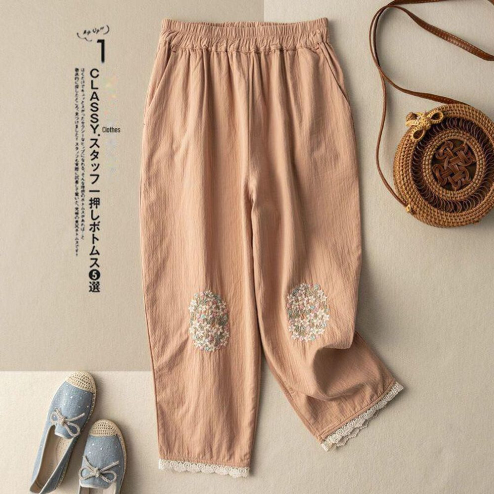 (khaki, L) Women's Artistic Lace Cotton-linen Embroidered Harem Pants - Summer Loose Nine-point Casual Trousers