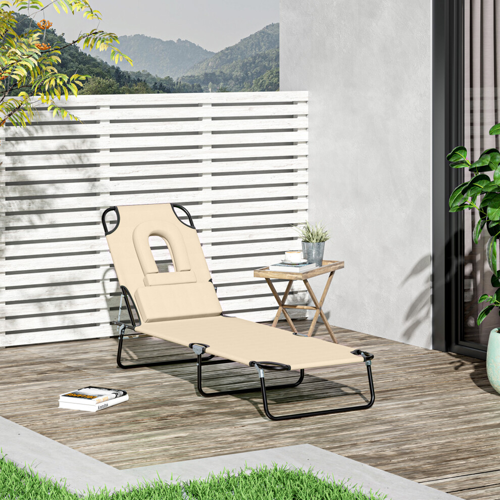 Outsunny Folding Sun Lounger Reclining Chair W/ Pillow Reading Hole Beige Cream