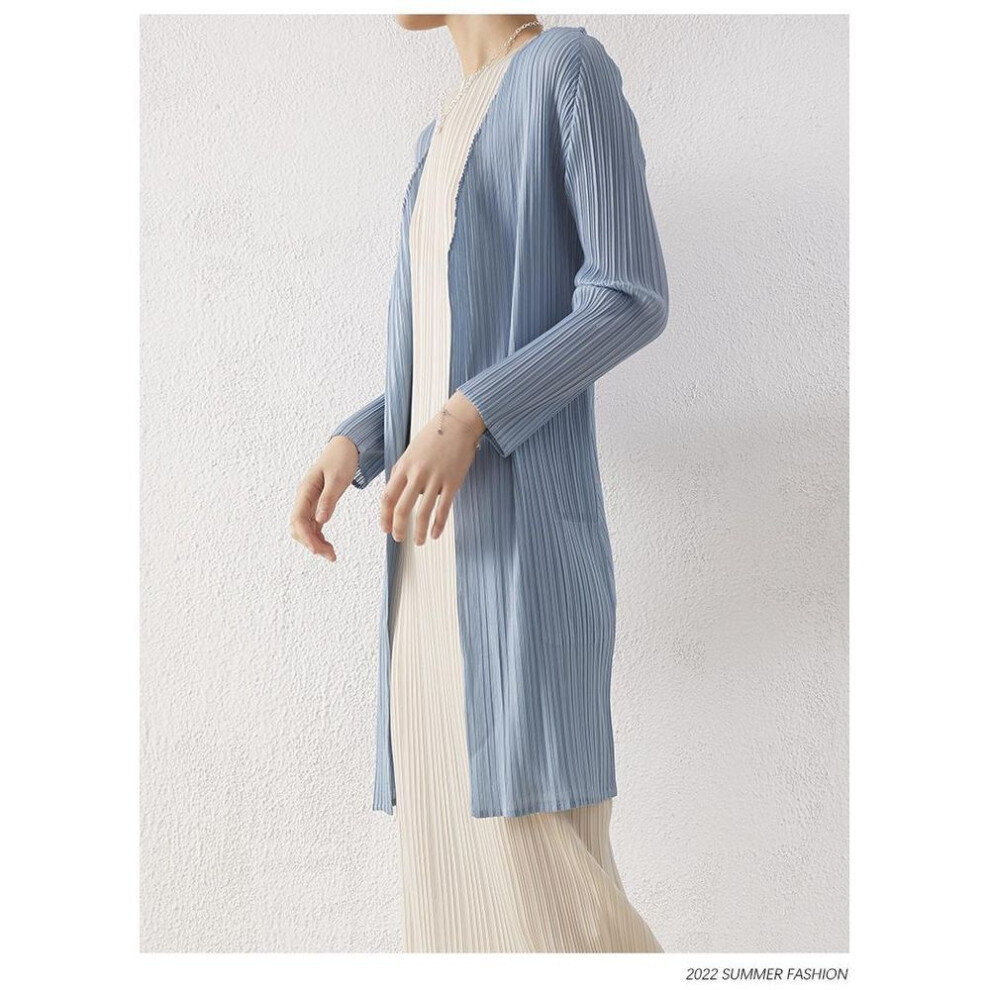 (sky blue, One Size) 2024 Early Spring Miyake Women's Mid-Length Pleated Cardigan Coat - Long-Sleeved, Casual, Loose Fit.
