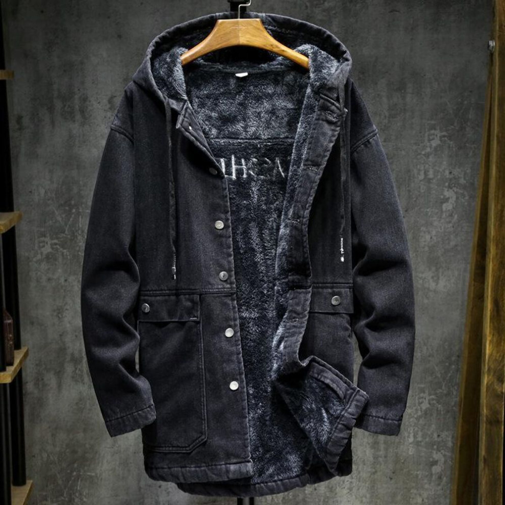 (M) Men's Winter Hooded Denim Jacket - Plush Lined, Loose Fit, Mid-Length, Trendy Windbreaker