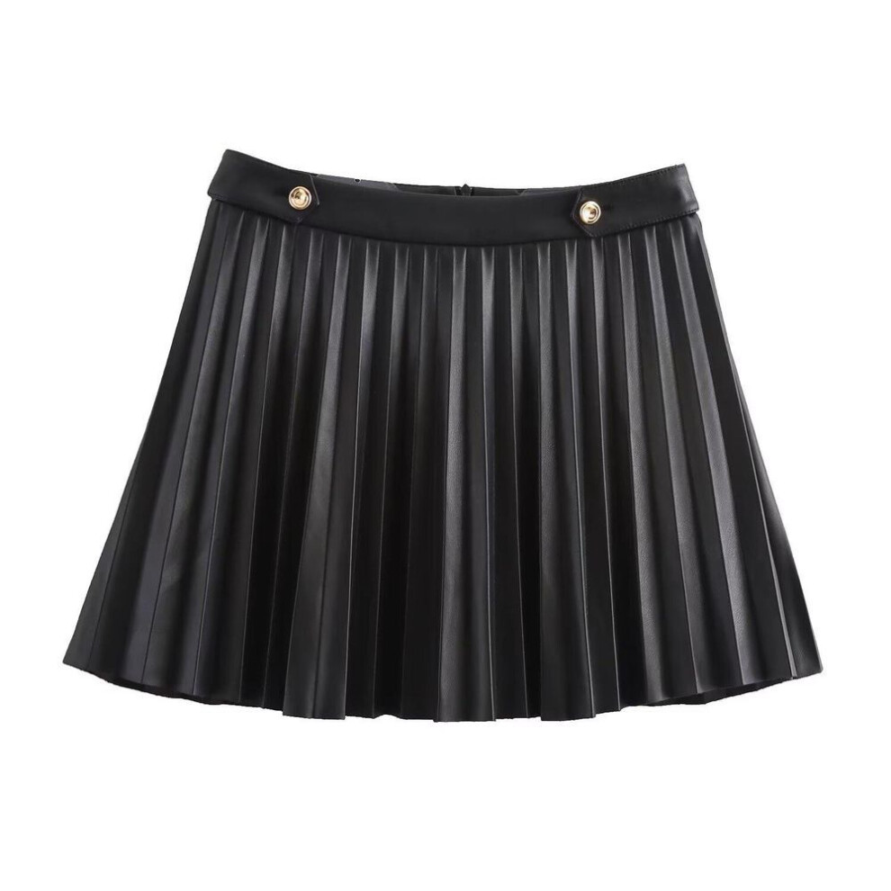 (Medium) 2024 European & American Style A-Line Black PU Pleated Skirt for Women - Perfect for Autumn/Winter