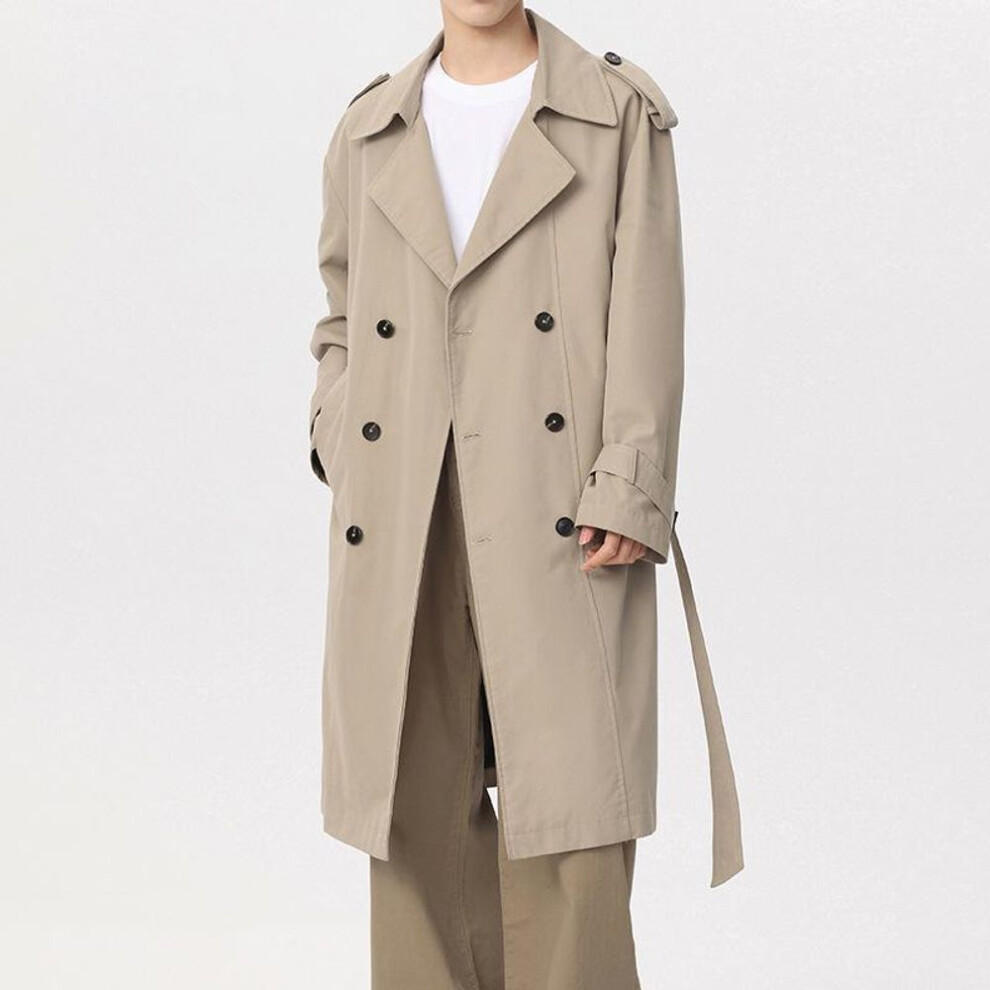 (khaki, L) Men's Japanese Retro Trench Coat: Autumn/winter, Loose Fit, Youthful & Stylish, Knee-length British Style.
