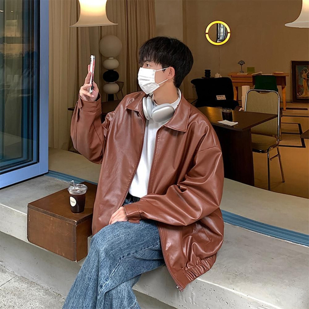 (brown, M) Men's Retro Oversized Pu Leather Jacket - High-end Hong Kong Street Style For Autumn