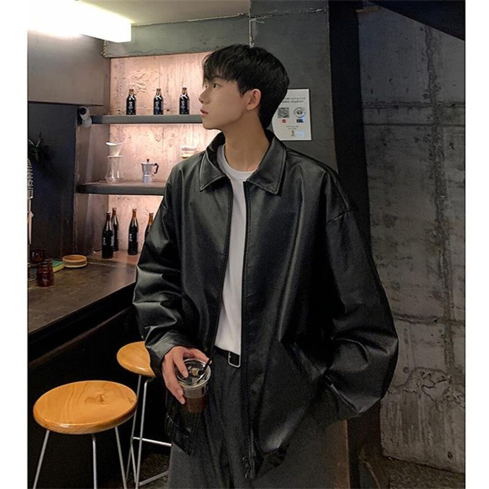(black, XXL) Men's Retro Oversized Pu Leather Jacket - High-end Hong Kong Street Style For Autumn