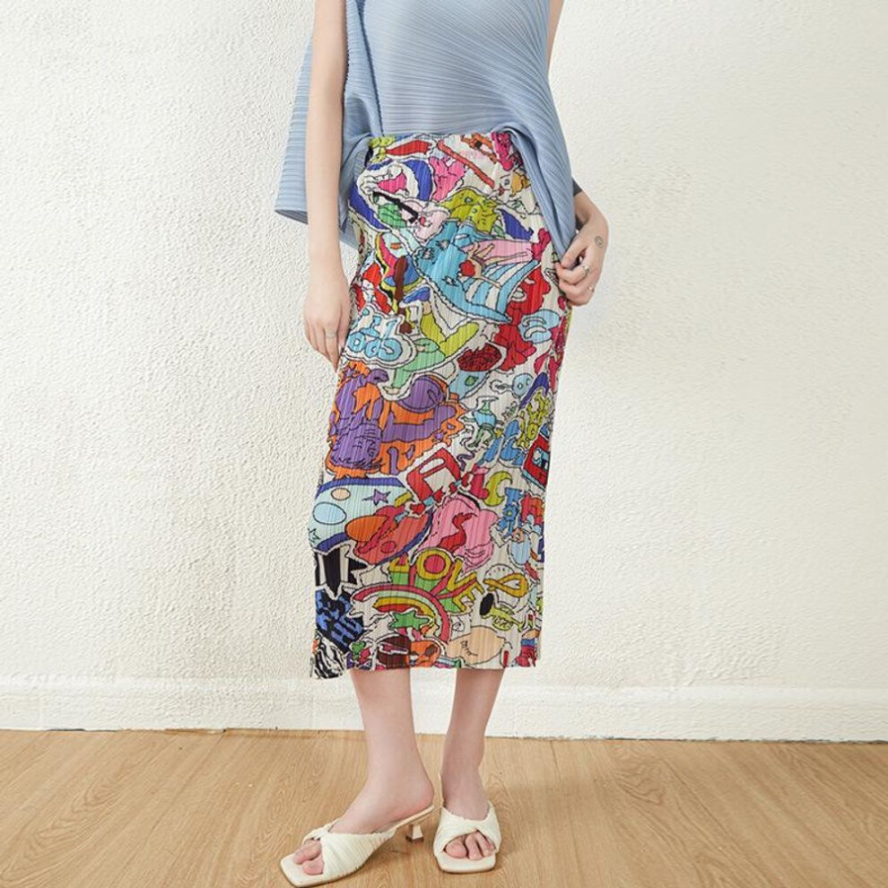 (floral print, One Size (90-150 cm)) Miyake Women's Graffiti Print Pleated Summer Skirt, Niche Design Accordion Style