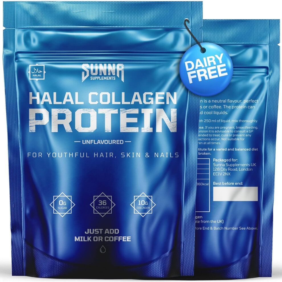SUNNA SUPPLEMENTS - Halal Bovine Collagen Protein Powder for Hair Skin Nails and Joints - Type (I, III) Hydrolysed Premium Bovine Collagen Peptides