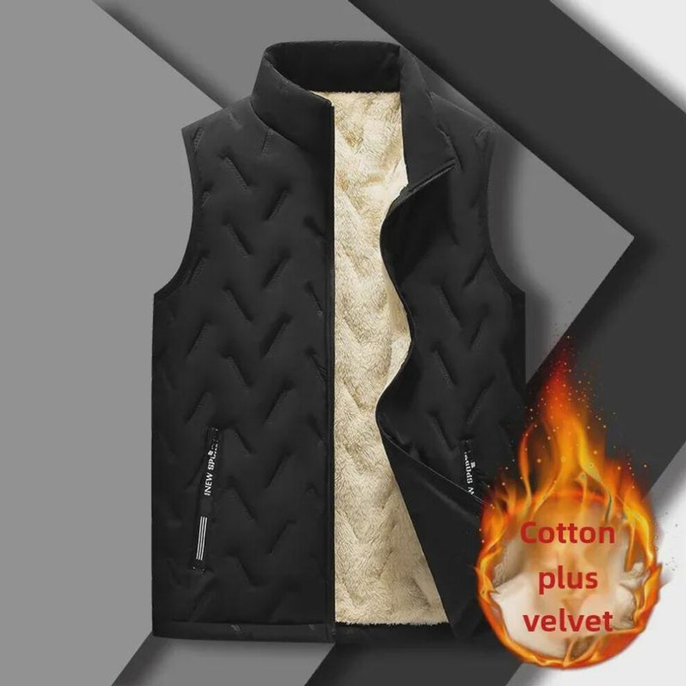 (black, 3XL) Men's Plus Size Velvet Warm Vest - Autumn/Winter Twill Crepe Sleeveless Waistcoat