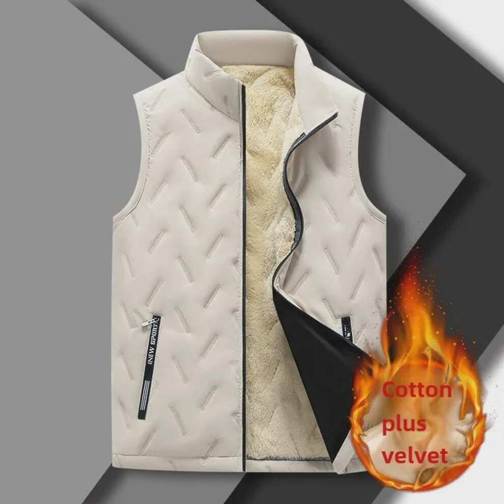 (khaki, XL) Men's Plus Size Velvet Warm Vest - Autumn/Winter Twill Crepe Sleeveless Waistcoat