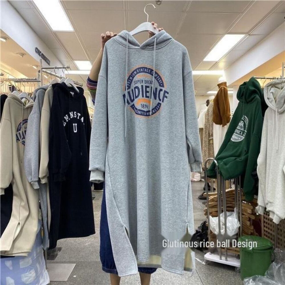 (gray, One Size) "Korean Style Winter Hooded Knee-Length Dress - Loose Fit, Plus Velvet, Print & Slit Design for Women.