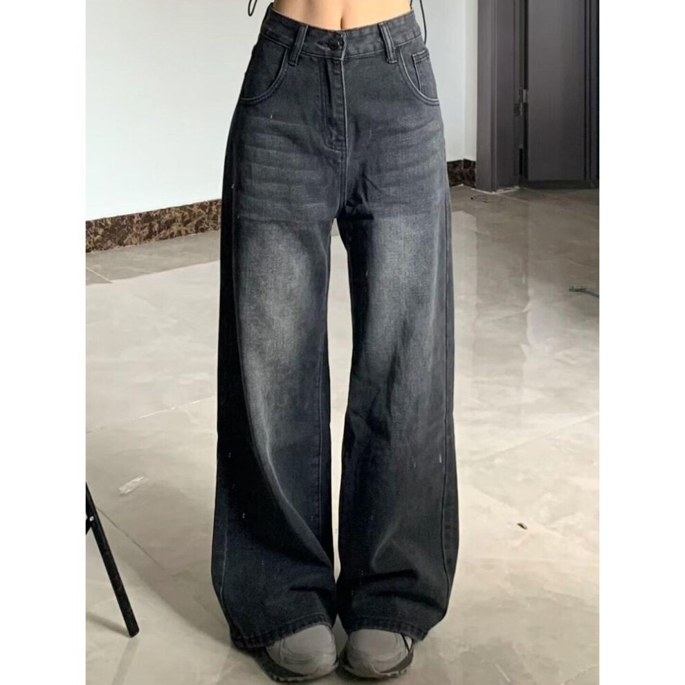 (dark gray, S) Plus Size Women's High Waist Wide Leg Washed Jeans - Slimming & Hip-Covering Pear Shape Design