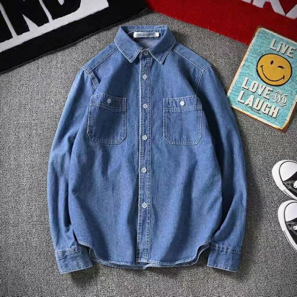 (light blue, 4XL) "Men's Slim Korean-Style Denim Shirt - Long-Sleeve, Trendy, Lightweight Jacket for Spring & Autumn