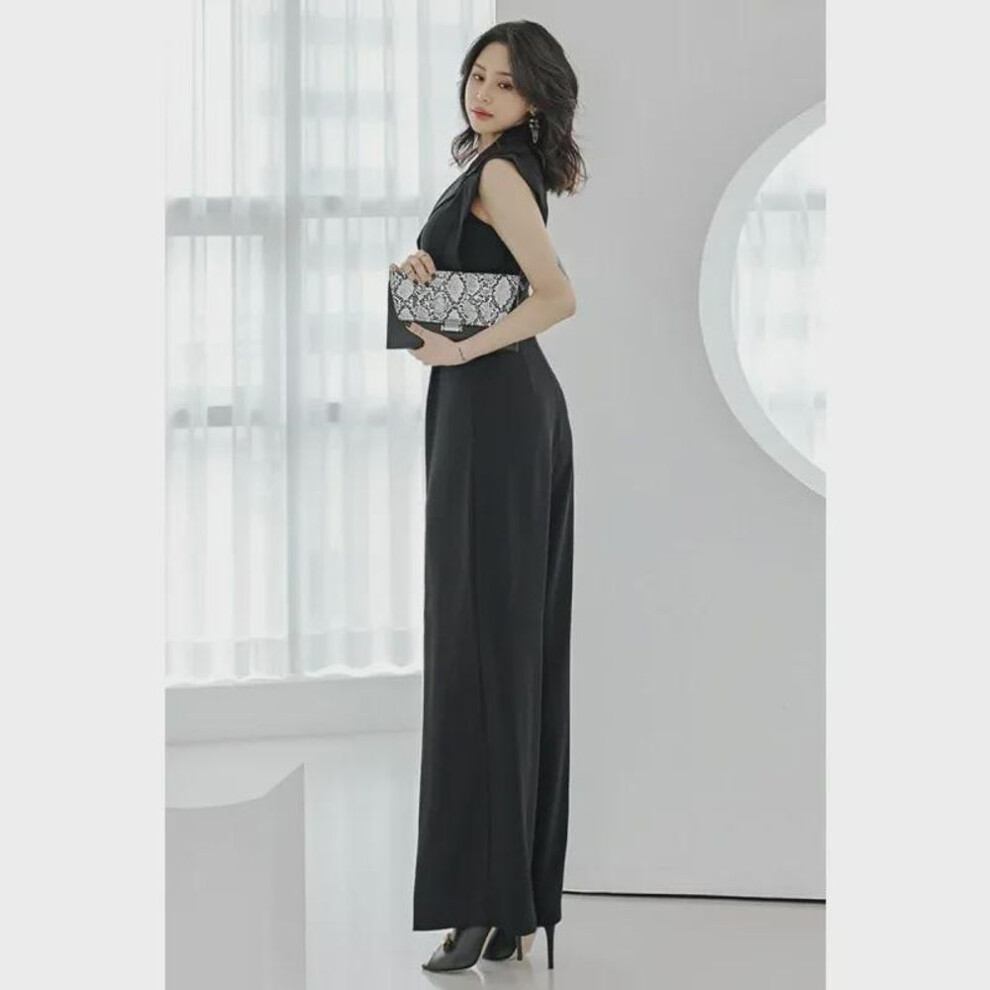 (black, M) "Royal Sisters Stylish Summer Jumpsuit: Korean Slim Suit Collar & Wide-Leg Pants